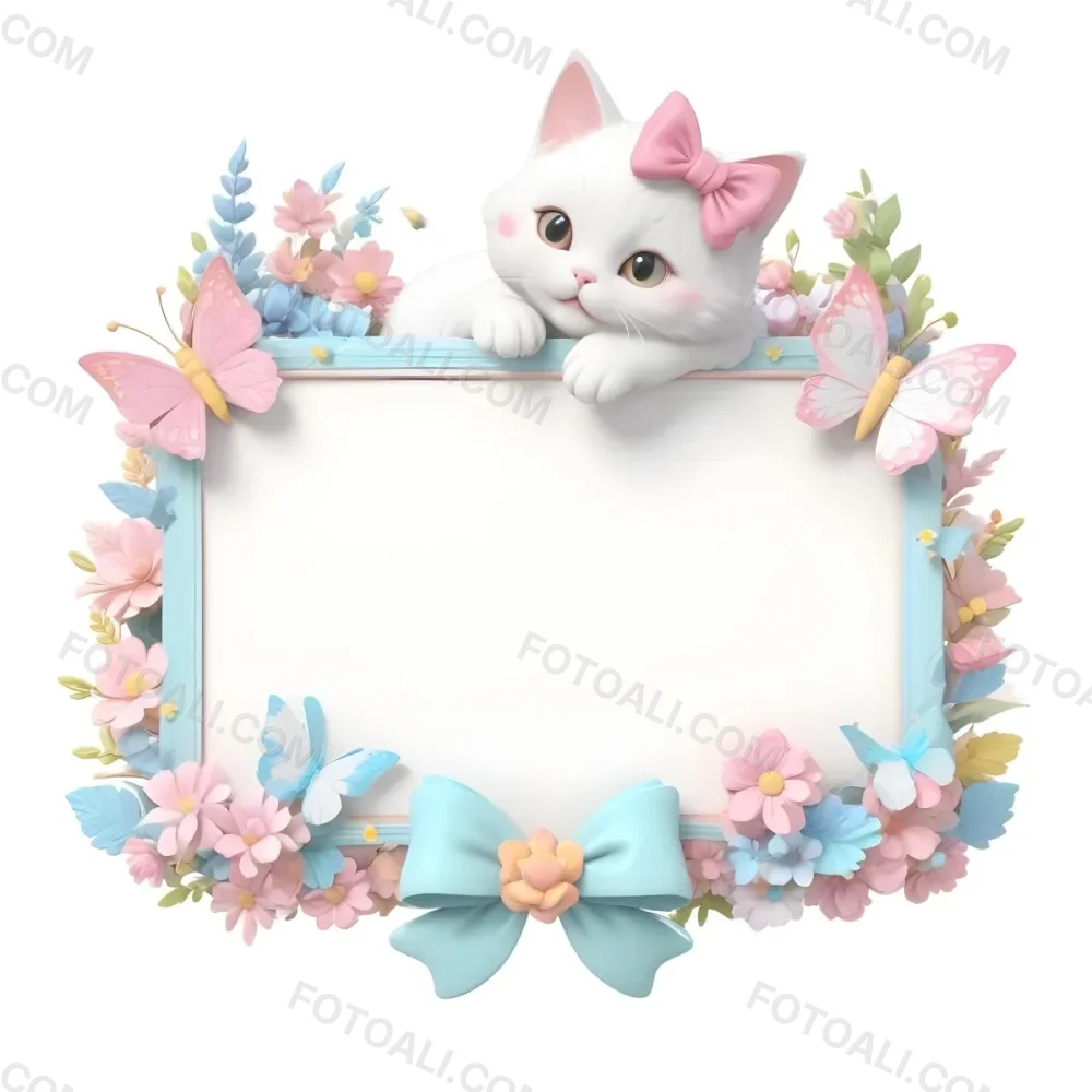 A Cute White Cat With A Pink Bow Holding A Blank Sign Surrounded By Colorful Butterflies Flowers And Pastel Decorations 83 412a