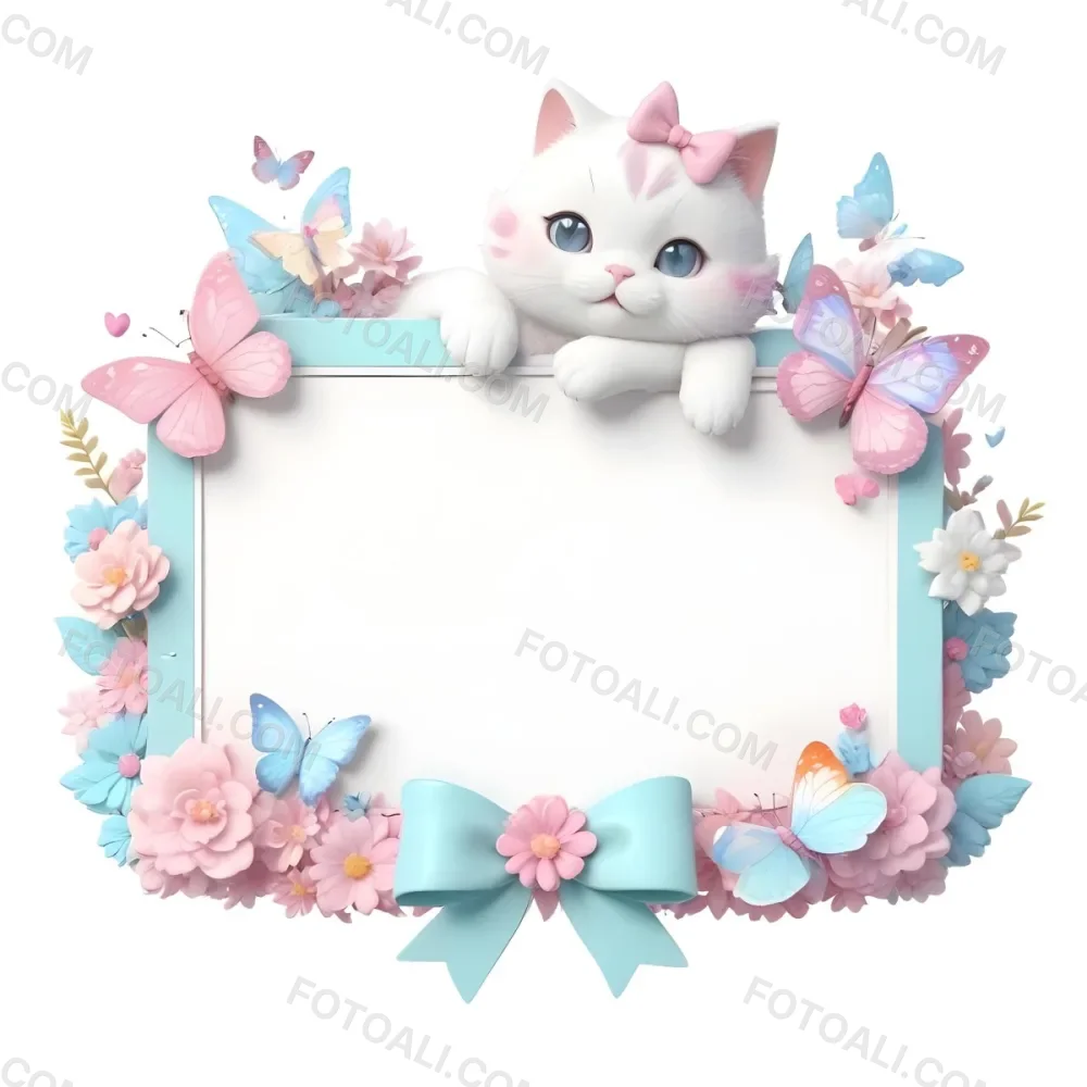 A Cute White Cat With A Pink Bow Holding A Blank Sign Surrounded By Colorful Butterflies Flowers And Pastel Decorations 84 2fb1