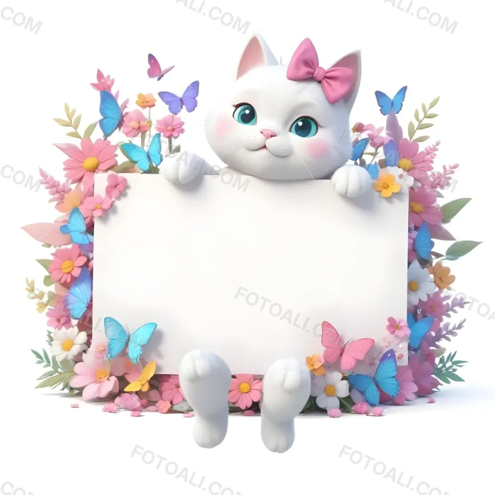 A Cute White Cat With A Pink Bow Holding A Blank Sign Surrounded By Colorful Butterflies Flowers And Pastel Decorations 87 B006