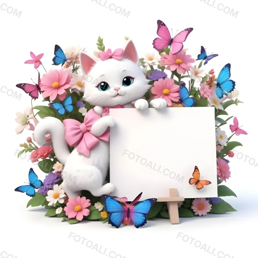 A Cute White Cat With A Pink Bow Holding A Blank Sign Surrounded By Colorful Butterflies Flowers And Pastel Decorations 94 7711