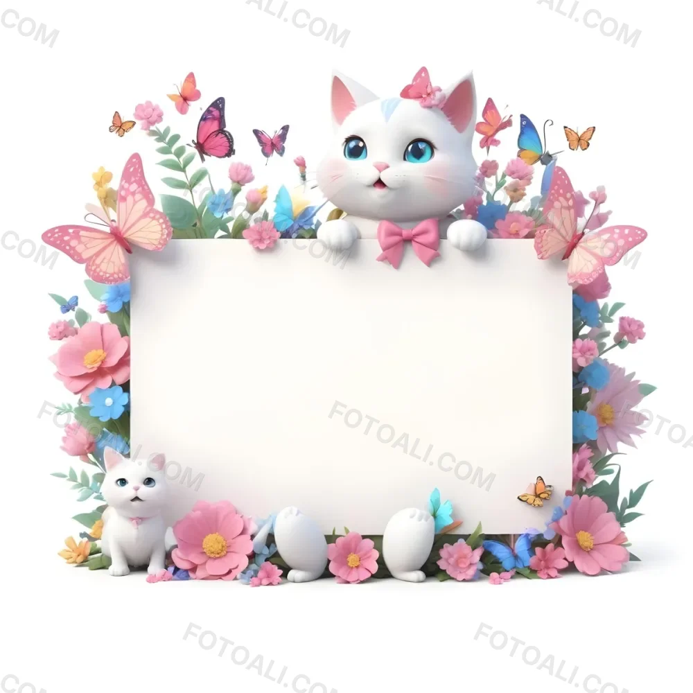 A Cute White Cat With A Pink Bow Holding A Blank Sign Surrounded By Colorful Butterflies Flowers And Pastel Decorations 96 C620