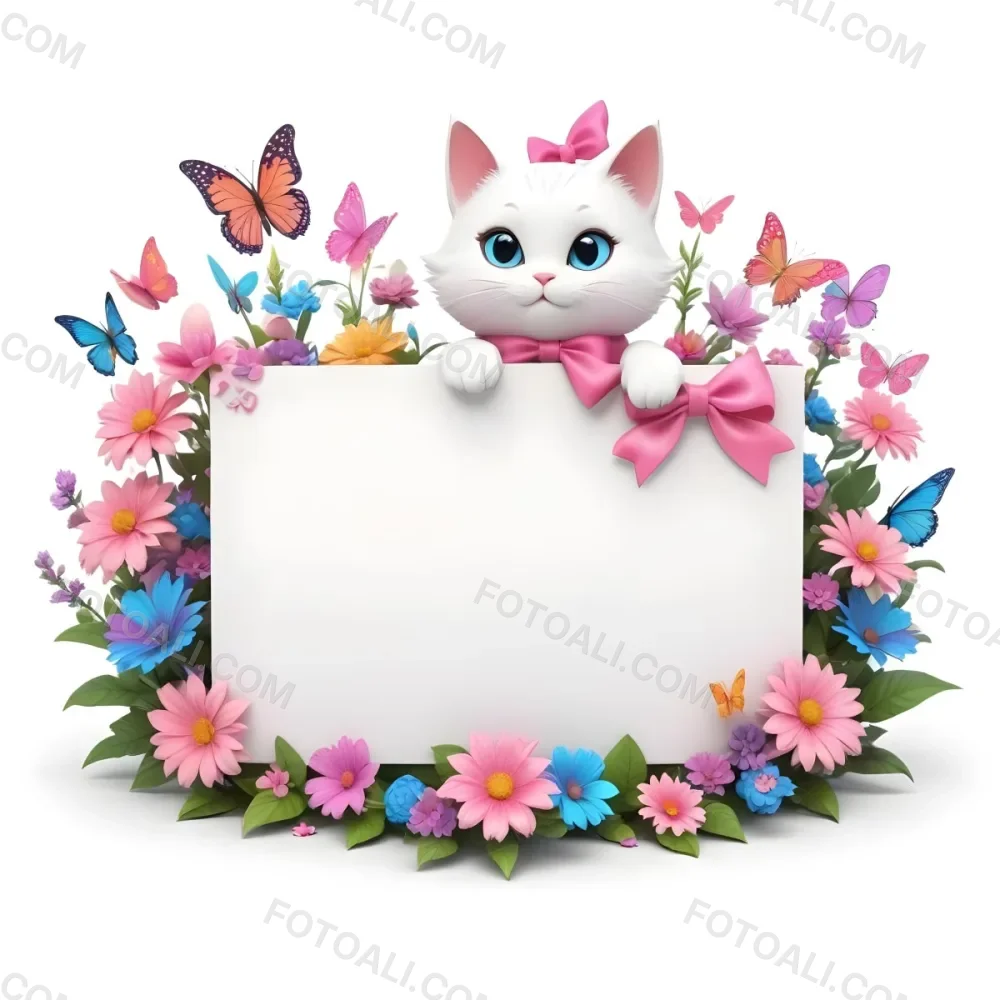 A Cute White Cat With A Pink Bow Holding A Blank Sign Surrounded By Colorful Butterflies Flowers And Pastel Decorations 97 539a