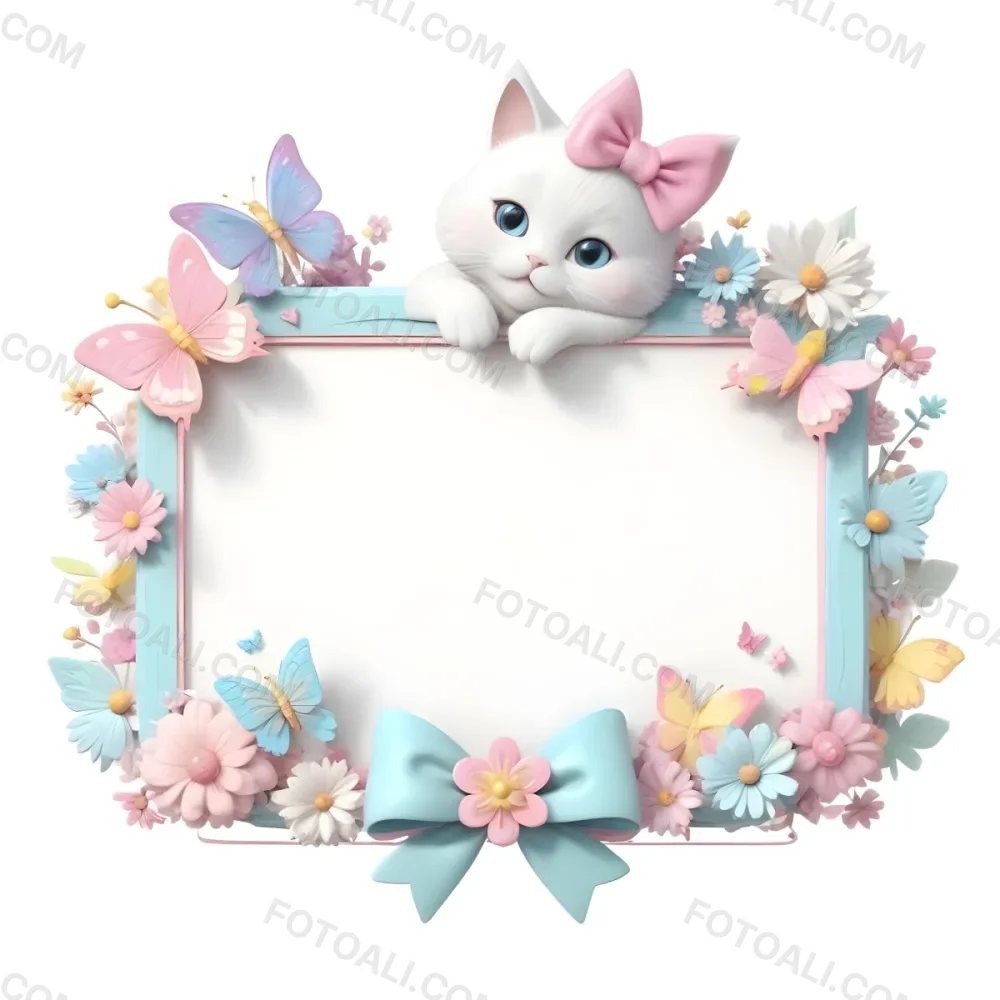 A Cute White Cat With A Pink Bow Holding A Blank Sign Surrounded By Colorful Butterflies Flowers And Pastel Decorations 98 74d1
