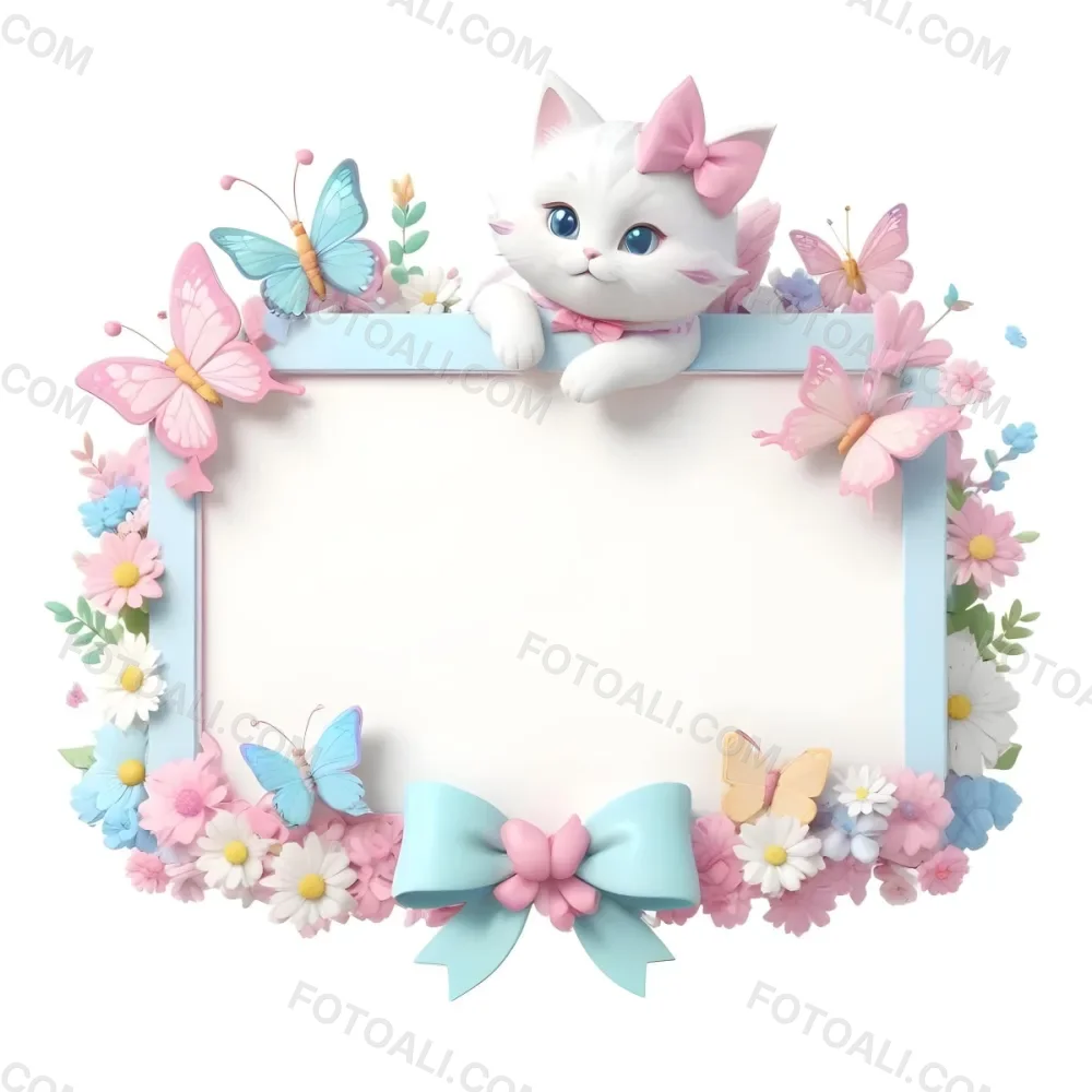 A Cute White Cat With A Pink Bow Holding A Blank Sign Surrounded By Colorful Butterflies Flowers And Pastel Decorations 99 3efc