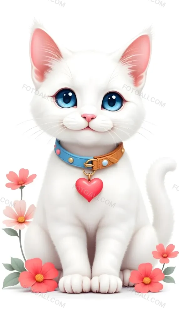 A Cute White Cat With Blue Eyes And A White Nose Wearing A Colorful Collar With A Heart Pendant Surrounded By Flowers On A White Background 3 0d94