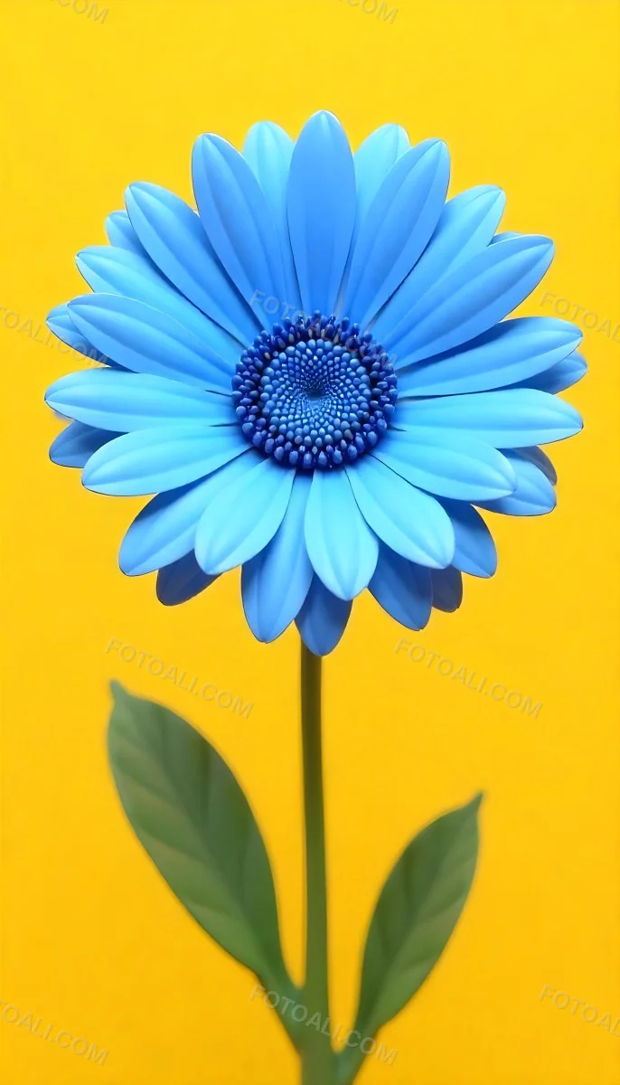 A Daisy With Blue Petals And A Blue Center The Flower Is In Full Bloom And Facing The Viewer Yellow Background 12 2a98