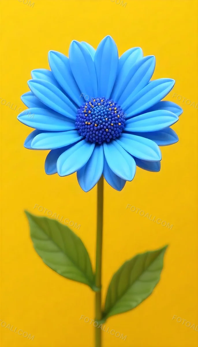 A Daisy With Blue Petals And A Blue Center The Flower Is In Full Bloom And Facing The Viewer Yellow Background 7 0348