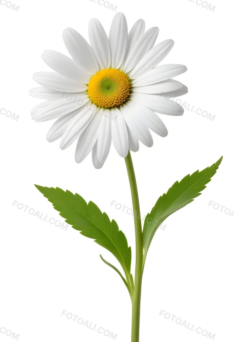 A Daisy With White Petals A Yellow Center A Green Stem And Two Green Leaves In A White Background 22 9034 716a