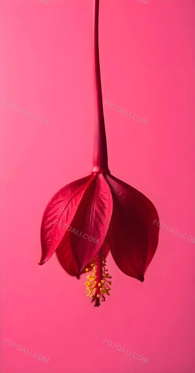 A Dark Red Flower With A Red Stem The Flower Is Upside Down The Background Is Pink Studio Shot Macro Photography High Resolution 11 E071