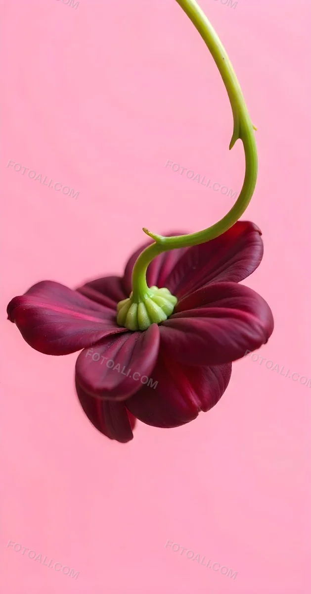 A Dark Red Flower With A Red Stem The Flower Is Upside Down The Background Is Pink Studio Shot Macro Photography High Resolution 19 9f84