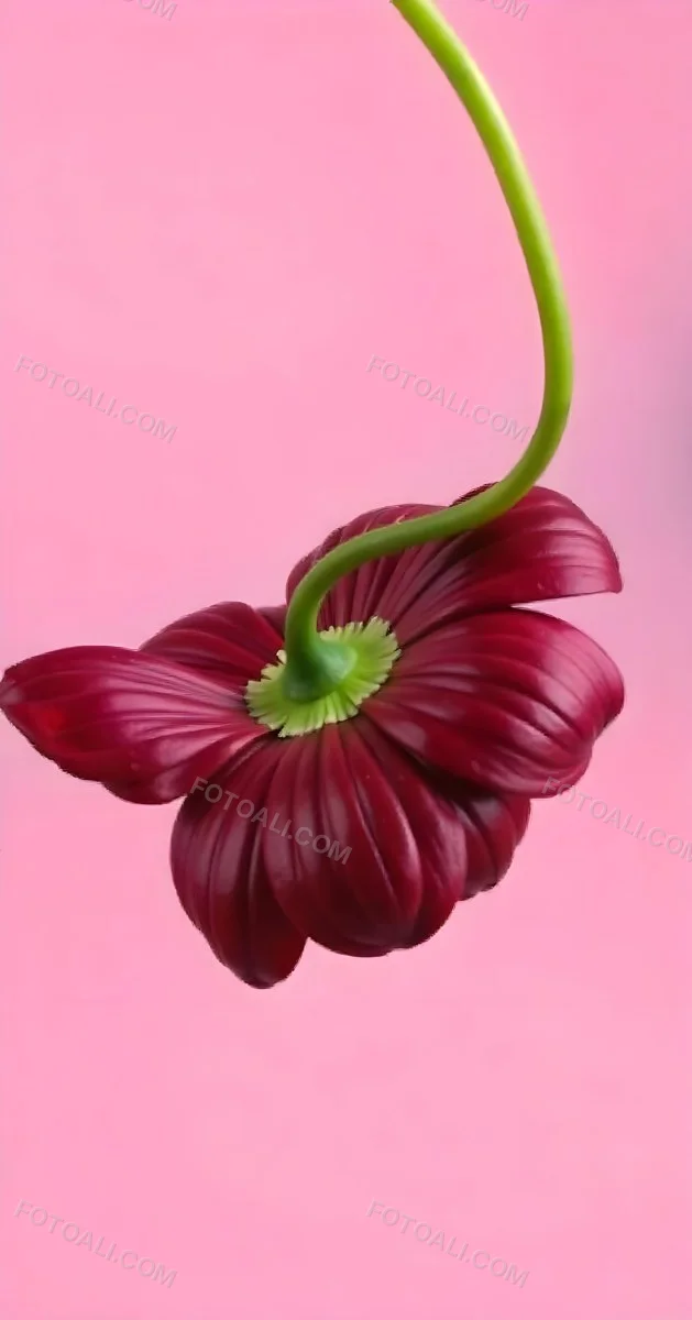 A Dark Red Flower With A Red Stem The Flower Is Upside Down The Background Is Pink Studio Shot Macro Photography High Resolution 24 8f6b