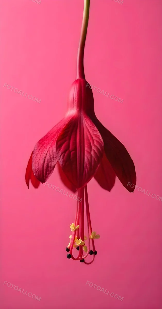 A Dark Red Flower With A Red Stem The Flower Is Upside Down The Background Is Pink Studio Shot Macro Photography High Resolution 3 15a5