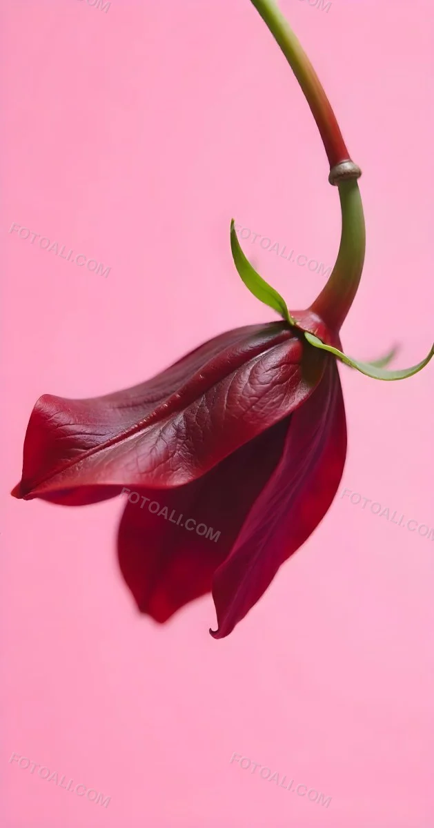 A Dark Red Flower With A Red Stem The Flower Is Upside Down The Background Is Pink Studio Shot Macro Photography High Resolution 5 34d8