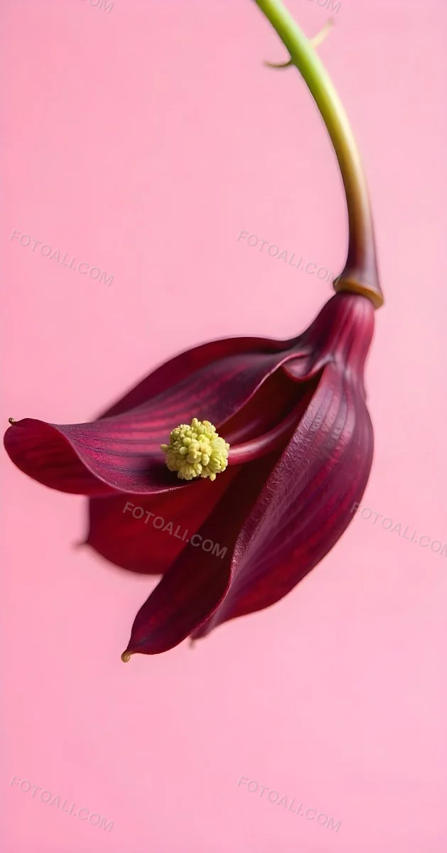 A Dark Red Flower With A Red Stem The Flower Is Upside Down The Background Is Pink Studio Shot Macro Photography High Resolution 6 8bb8