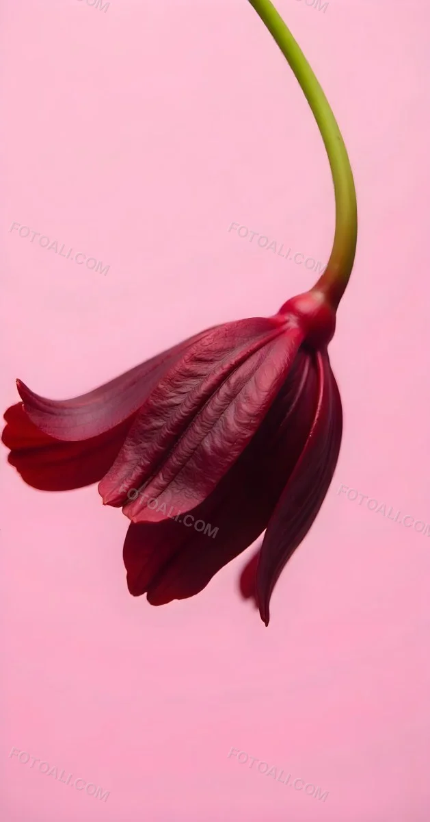 A Dark Red Flower With A Red Stem The Flower Is Upside Down The Background Is Pink Studio Shot Macro Photography High Resolution 7 42cb