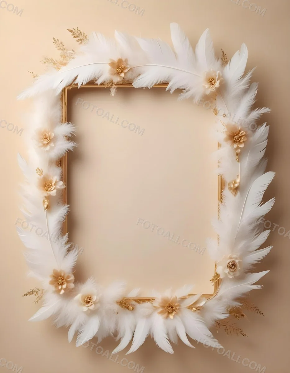 A Decorative Frame Made Of White Feathers And Flowers With A Golden Center The Frame Has A Minimalist Design Creating A Serene And Delicate Atmosphere 1 B0a2
