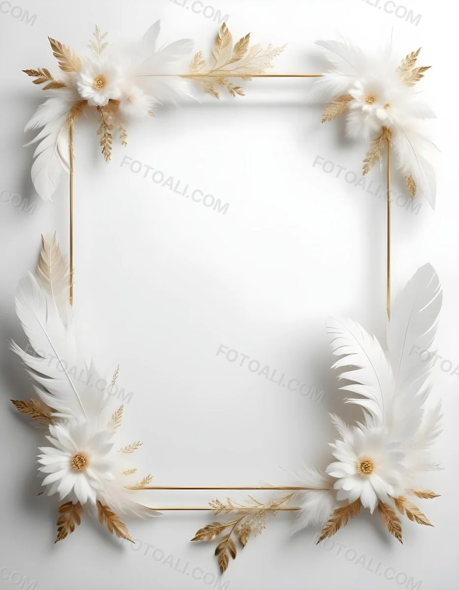 A Decorative Frame Made Of White Feathers And Flowers With A Golden Center The Frame Has A Minimalist Design Creating A Serene And Delicate Atmosphere 17 Eb20