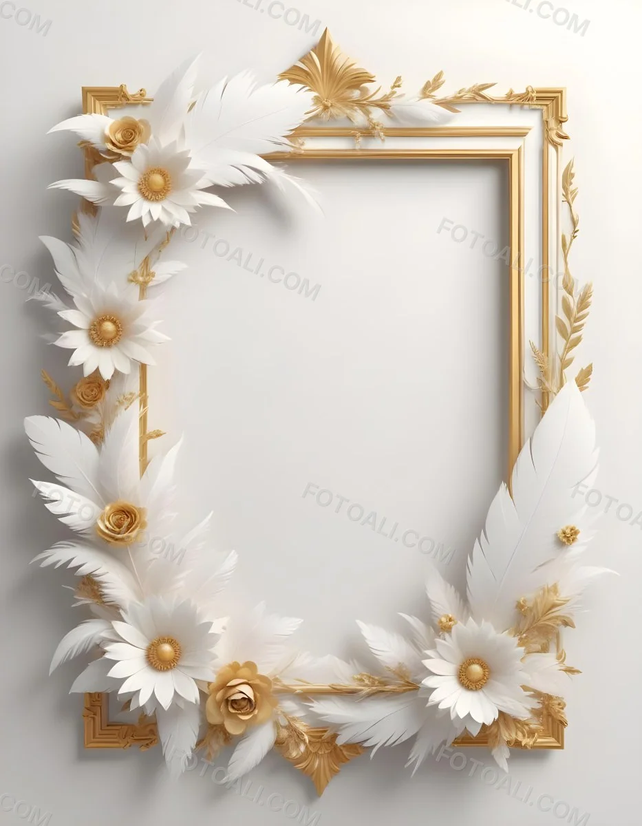 A Decorative Frame Made Of White Feathers And Flowers With A Golden Center The Frame Has A Minimalist Design Creating A Serene And Delicate Atmosphere 29 E9f5