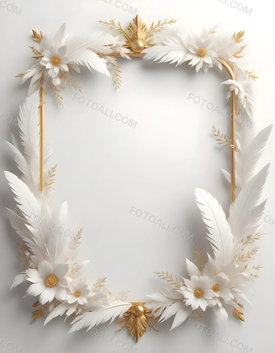 A Decorative Frame Made Of White Feathers And Flowers With A Golden Center The Frame Has A Minimalist Design Creating A Serene And Delicate Atmosphere 32 8102