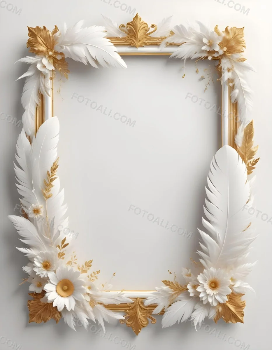 A Decorative Frame Made Of White Feathers And Flowers With A Golden Center The Frame Has A Minimalist Design Creating A Serene And Delicate Atmosphere 36 7edc