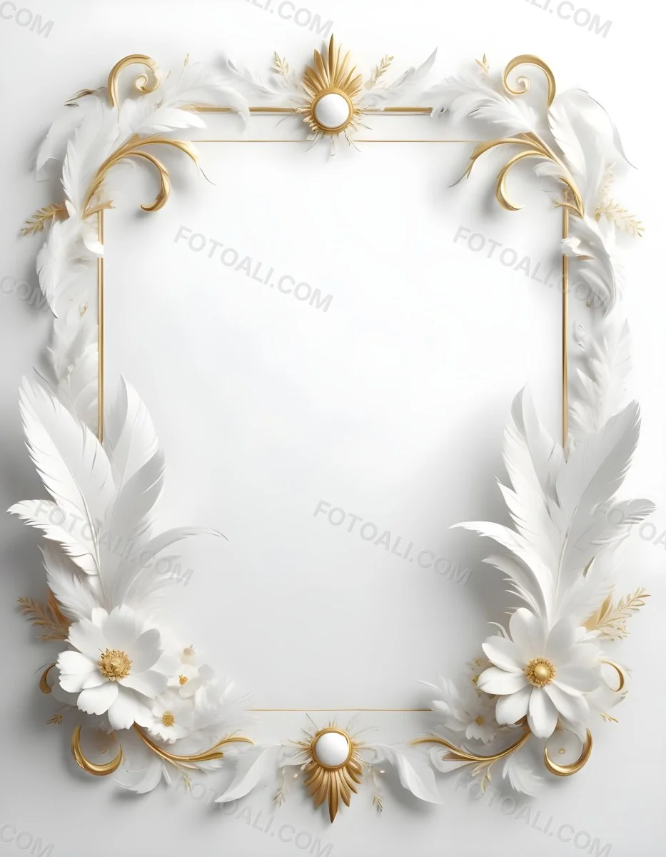 A Decorative Frame Made Of White Feathers And Flowers With A Golden Center The Frame Has A Minimalist Design Creating A Serene And Delicate Atmosphere 41 D006