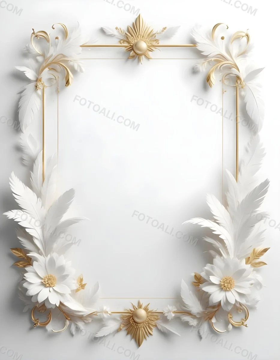 A Decorative Frame Made Of White Feathers And Flowers With A Golden Center The Frame Has A Minimalist Design Creating A Serene And Delicate Atmosphere 45 40d0