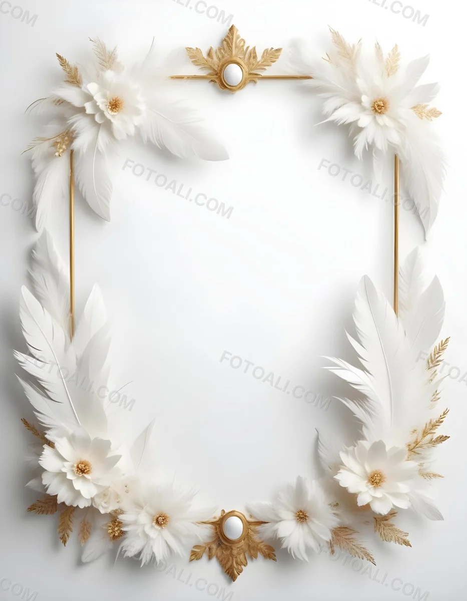 A Decorative Frame Made Of White Feathers And Flowers With A Golden Center The Frame Has A Minimalist Design Creating A Serene And Delicate Atmosphere 56 B063