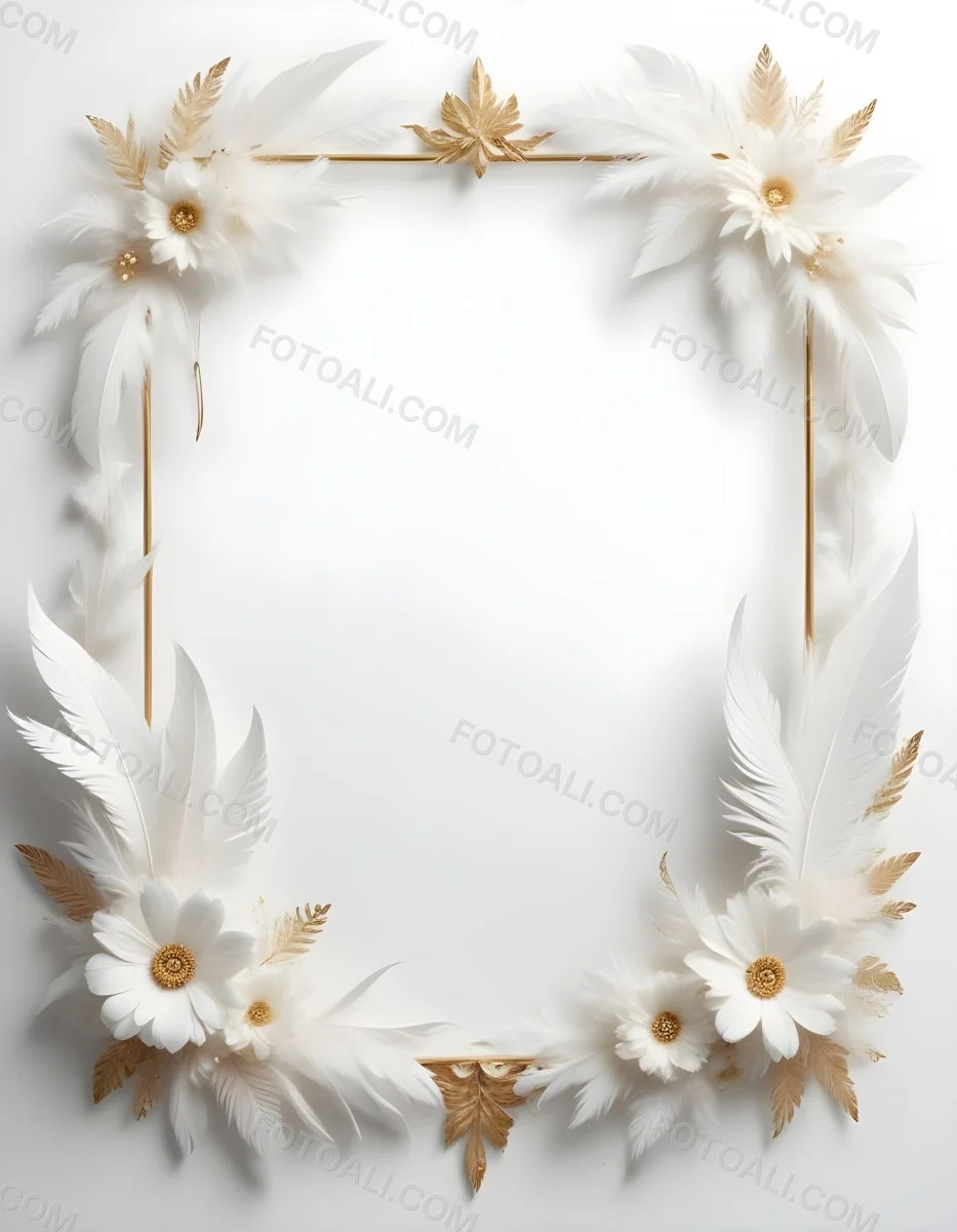 A Decorative Frame Made Of White Feathers And Flowers With A Golden Center The Frame Has A Minimalist Design Creating A Serene And Delicate Atmosphere 57 3a93