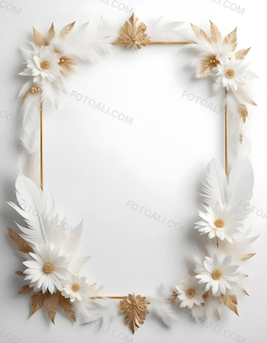 A Decorative Frame Made Of White Feathers And Flowers With A Golden Center The Frame Has A Minimalist Design Creating A Serene And Delicate Atmosphere 58 2454