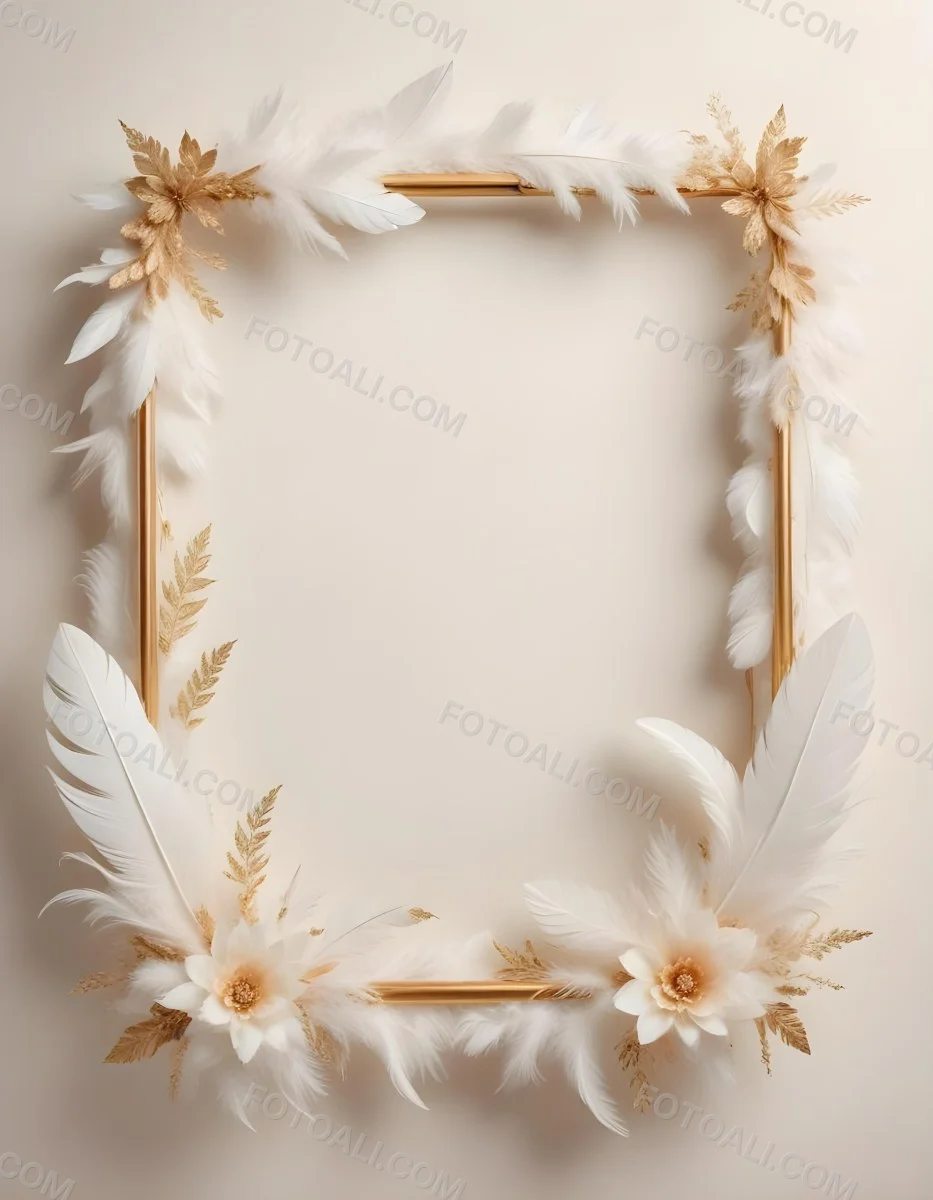 A Decorative Frame Made Of White Feathers And Flowers With A Golden Center The Frame Has A Minimalist Design Creating A Serene And Delicate Atmosphere 6 4cdb