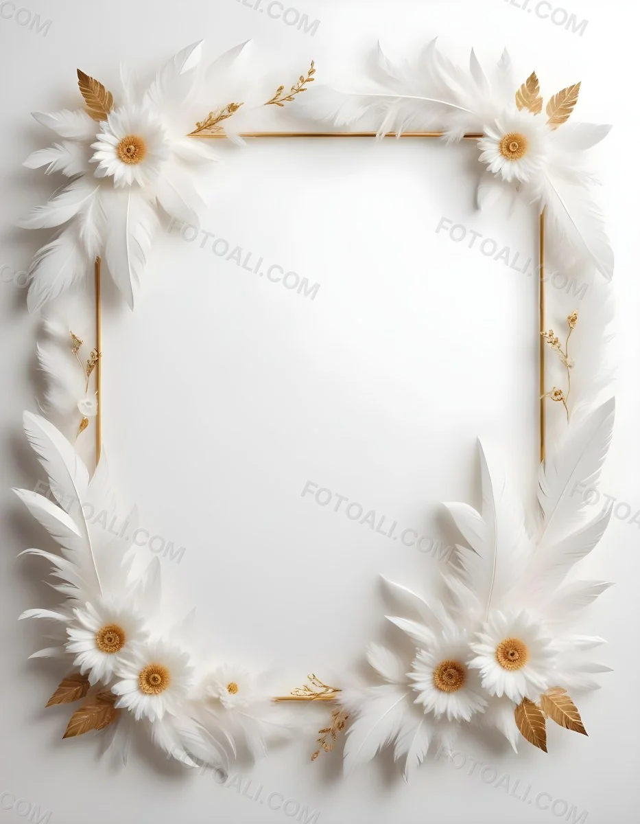 A Decorative Frame Made Of White Feathers And Flowers With A Golden Center The Frame Has A Minimalist Design Creating A Serene And Delicate Atmosphere 60 607a