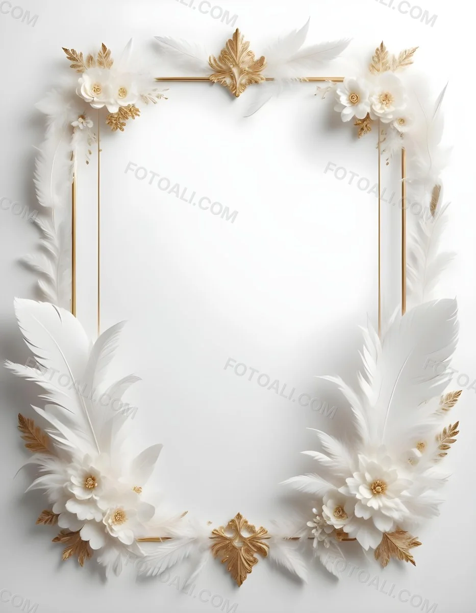 A Decorative Frame Made Of White Feathers And Flowers With A Golden Center The Frame Has A Minimalist Design Creating A Serene And Delicate Atmosphere 61 0266