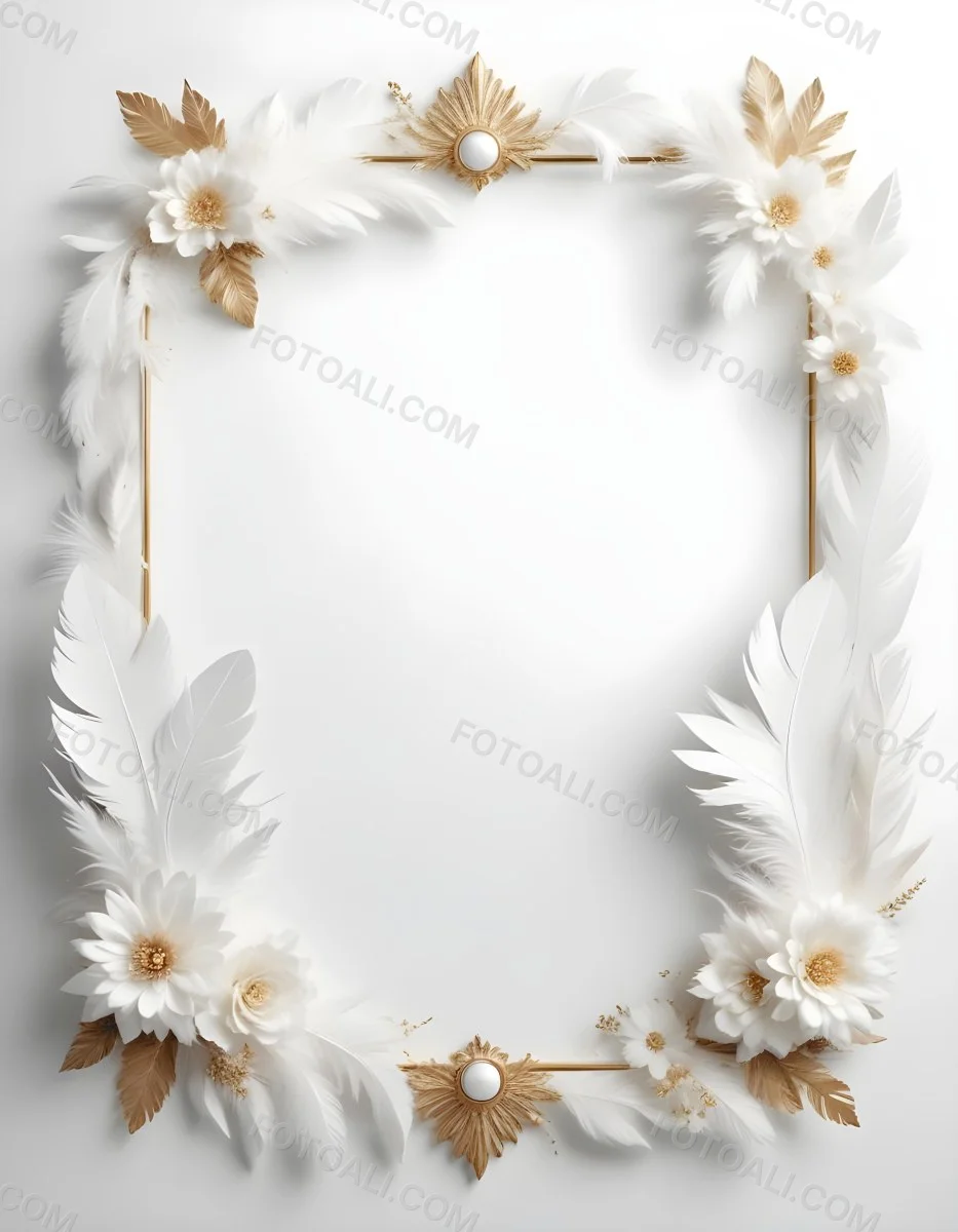 A Decorative Frame Made Of White Feathers And Flowers With A Golden Center The Frame Has A Minimalist Design Creating A Serene And Delicate Atmosphere 62 A277