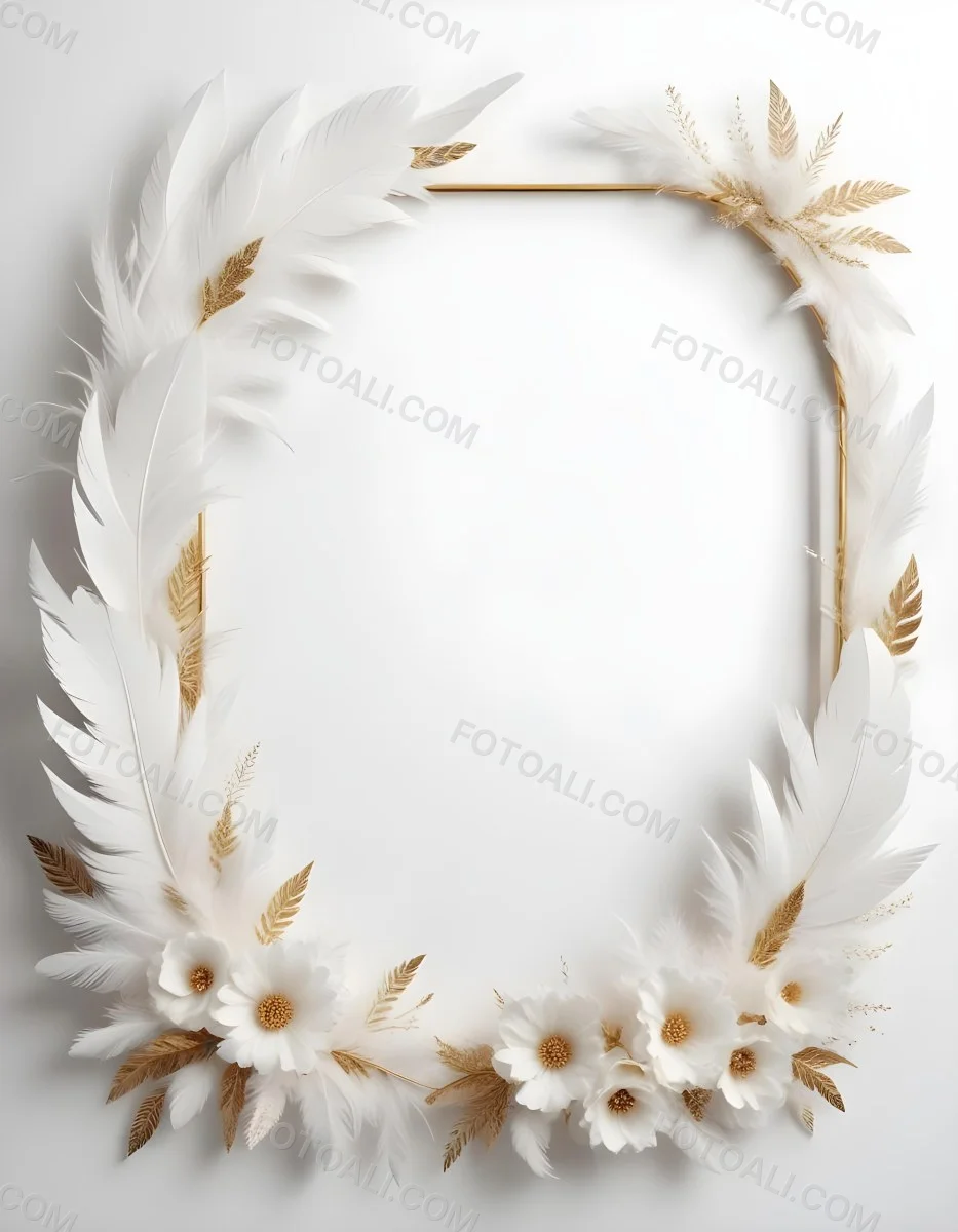 A Decorative Frame Made Of White Feathers And Flowers With A Golden Center The Frame Has A Minimalist Design Creating A Serene And Delicate Atmosphere 63 C6a3