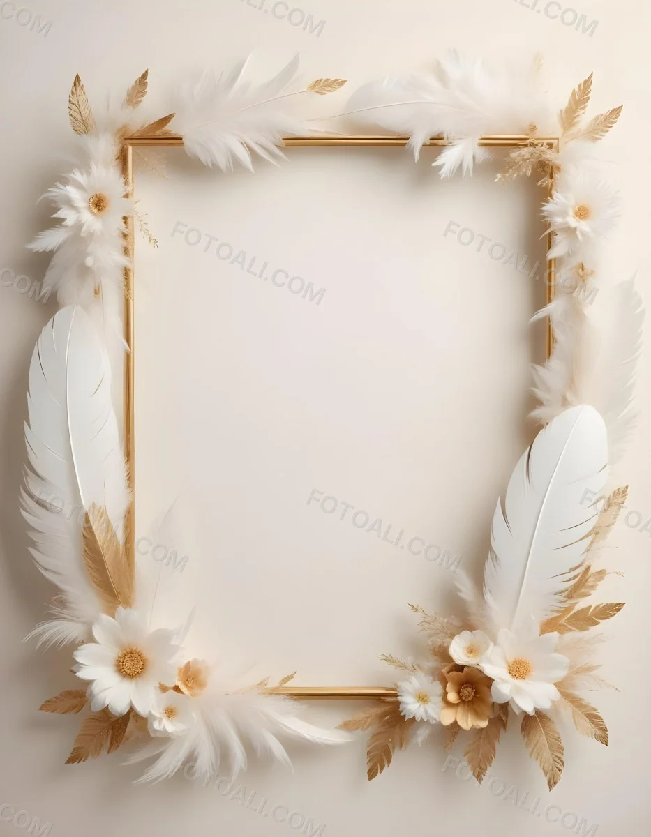 A Decorative Frame Made Of White Feathers And Flowers With A Golden Center The Frame Has A Minimalist Design Creating A Serene And Delicate Atmosphere 64 Dfef