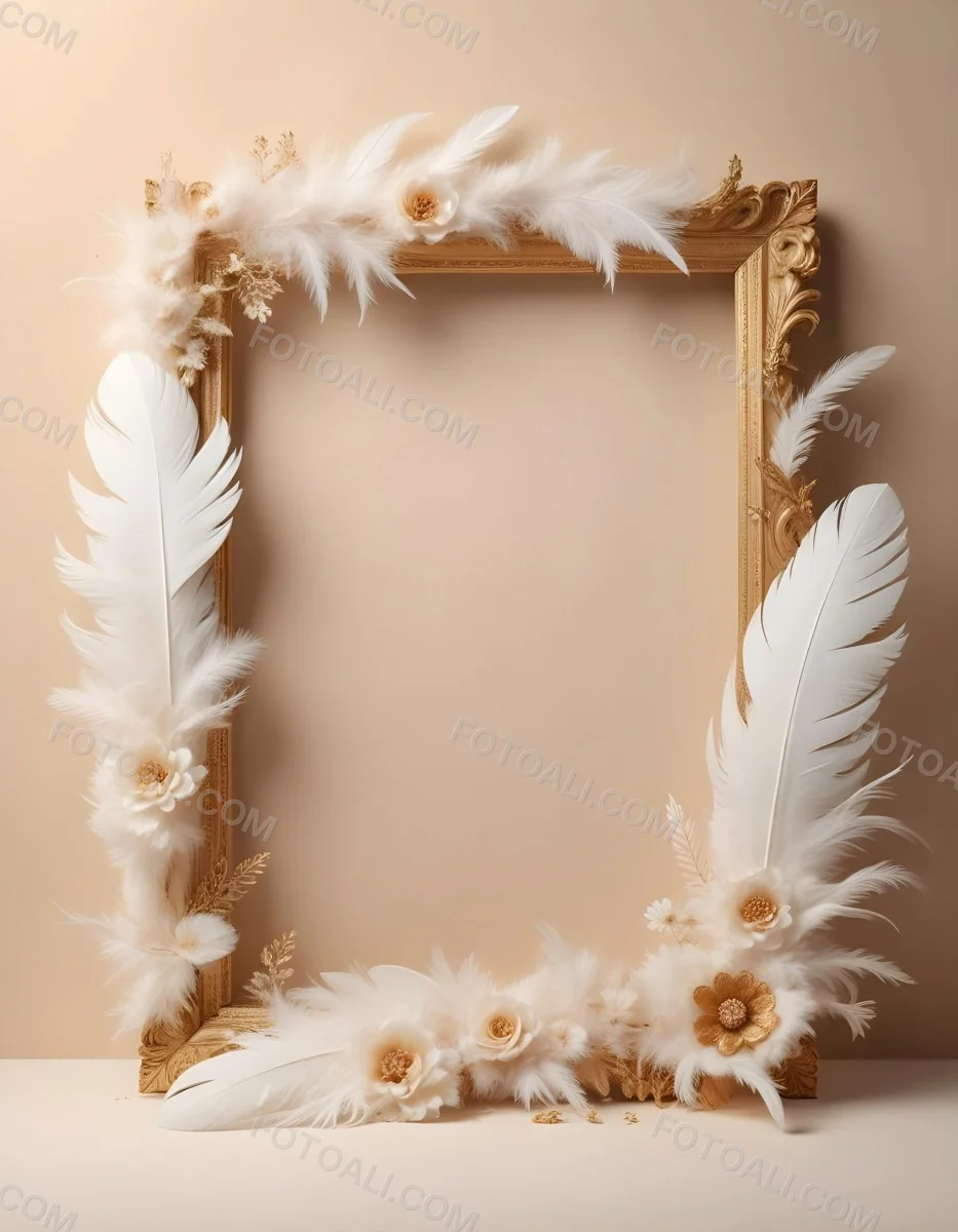 A Decorative Frame Made Of White Feathers And Flowers With A Golden Center The Frame Has A Minimalist Design Creating A Serene And Delicate Atmosphere 7 B808