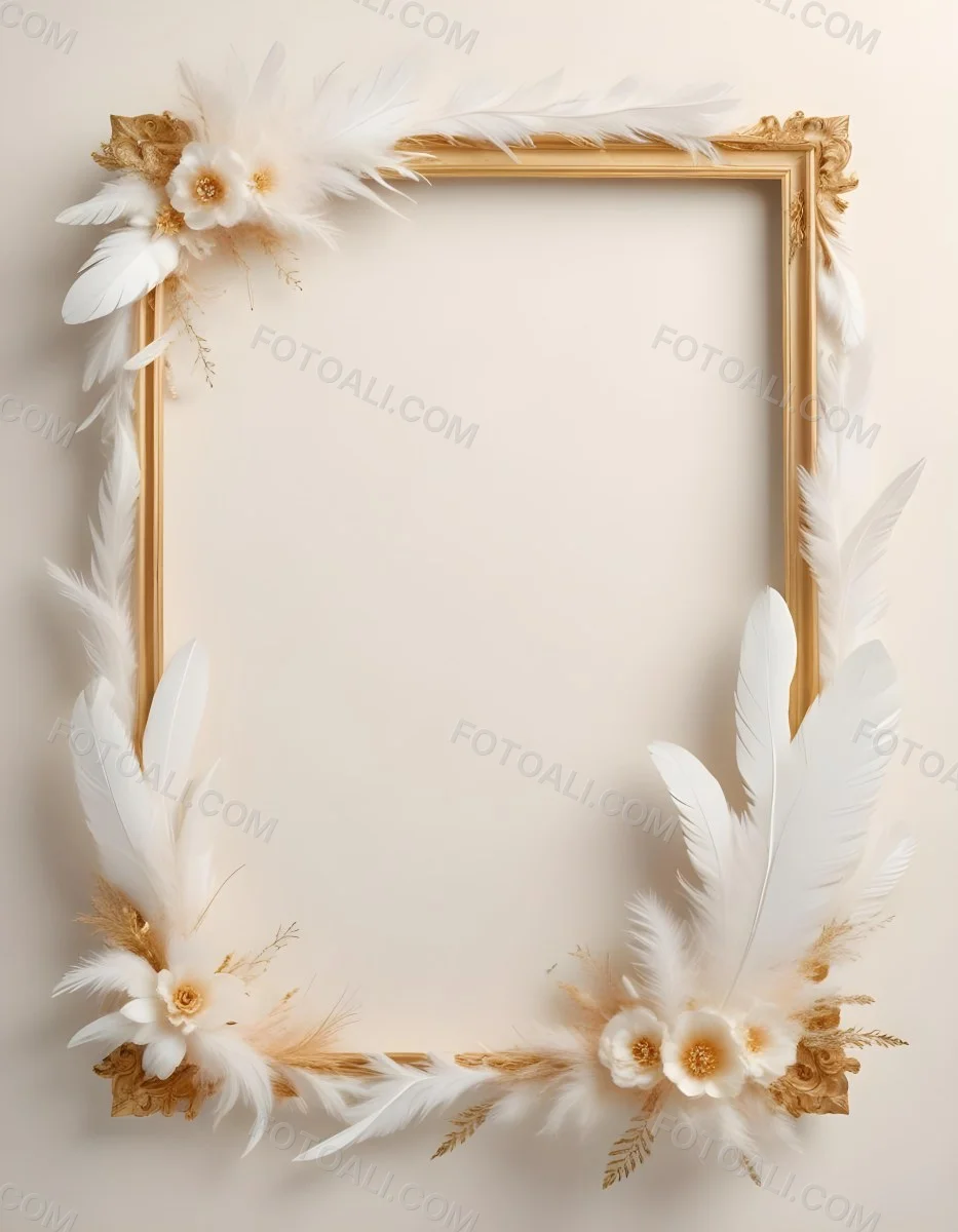 A Decorative Frame Made Of White Feathers And Flowers With A Golden Center The Frame Has A Minimalist Design Creating A Serene And Delicate Atmosphere 8 De76