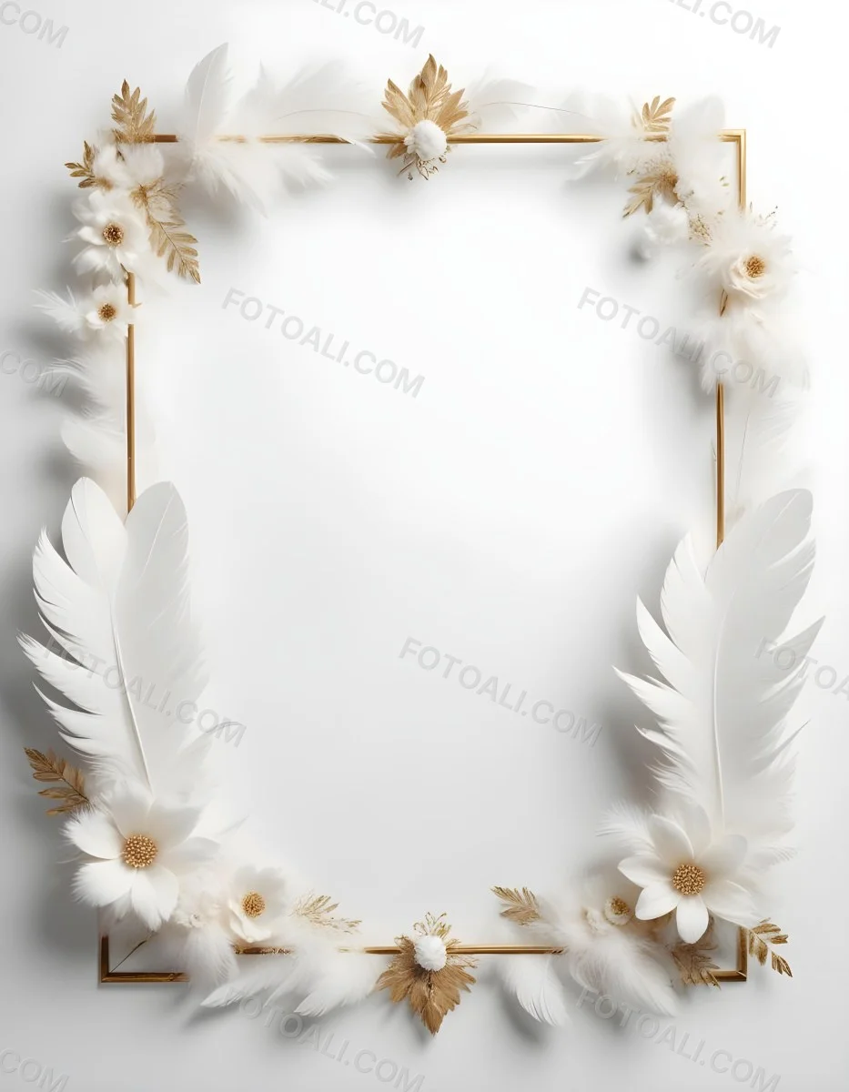A Decorative Frame Made Of White Feathers And Flowers With A Golden Center The Frame Has A Minimalist Design Creating A Serene And Delicate Atmosphere 9 902b