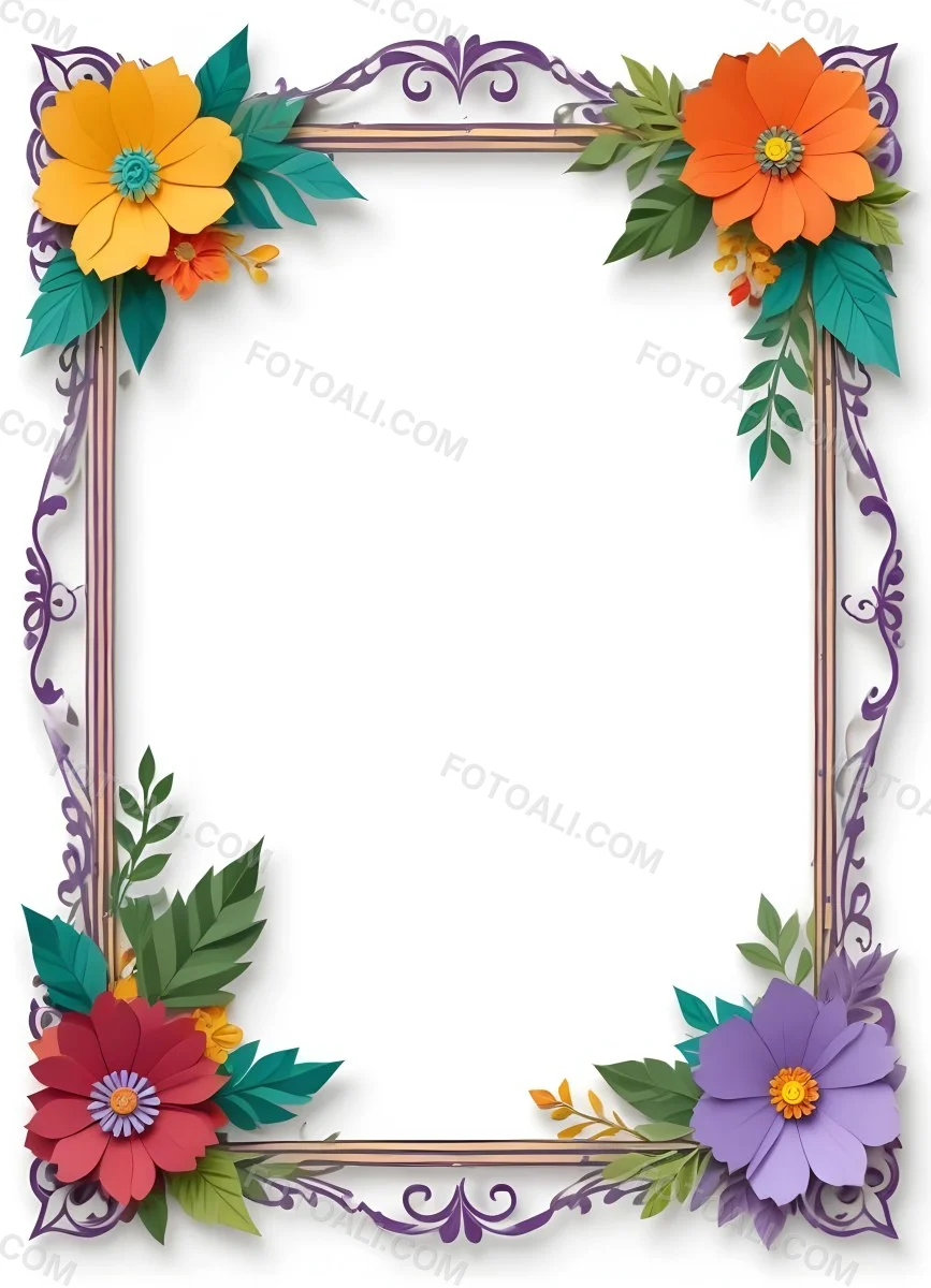 A Decorative Frame With Colorful Paper Flowers In The Corners Including Yellow Orange Red And Purple Blooms With Green Leaves The Frame Has An Ornate Metallic Design 102 A0f0