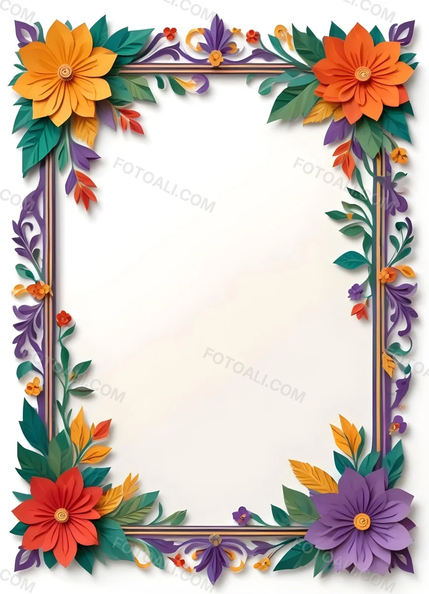 A Decorative Frame With Colorful Paper Flowers In The Corners Including Yellow Orange Red And Purple Blooms With Green Leaves The Frame Has An Ornate Metallic Design 106 Ecbd