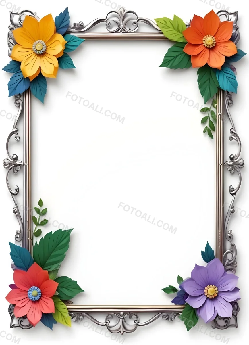 A Decorative Frame With Colorful Paper Flowers In The Corners Including Yellow Orange Red And Purple Blooms With Green Leaves The Frame Has An Ornate Metallic Design 37 320e