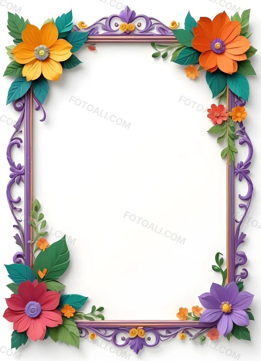 A Decorative Frame With Colorful Paper Flowers In The Corners Including Yellow Orange Red And Purple Blooms With Green Leaves The Frame Has An Ornate Metallic Design 50 D5a2