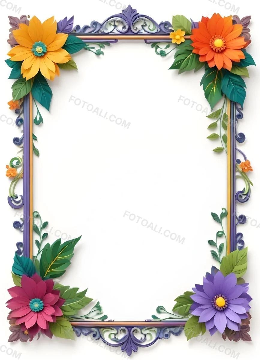 A Decorative Frame With Colorful Paper Flowers In The Corners Including Yellow Orange Red And Purple Blooms With Green Leaves The Frame Has An Ornate Metallic Design 54 8bcd
