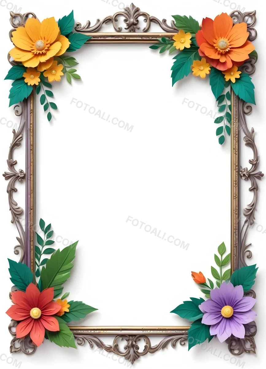 A Decorative Frame With Colorful Paper Flowers In The Corners Including Yellow Orange Red And Purple Blooms With Green Leaves The Frame Has An Ornate Metallic Design 58 C501