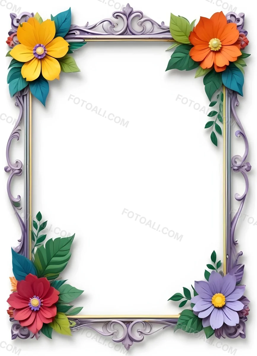 A Decorative Frame With Colorful Paper Flowers In The Corners Including Yellow Orange Red And Purple Blooms With Green Leaves The Frame Has An Ornate Metallic Design 67 4f40