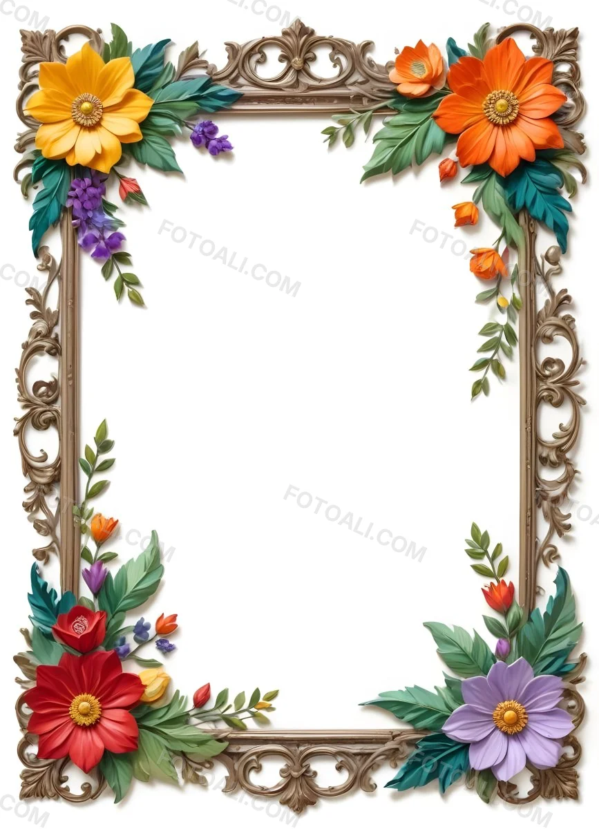 A Decorative Frame With Colorful Paper Flowers In The Corners Including Yellow Orange Red And Purple Blooms With Green Leaves The Frame Has An Ornate Metallic Design 88 Deff