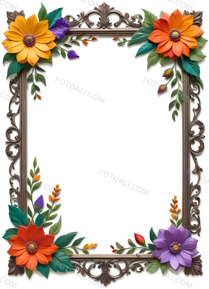 A Decorative Frame With Colorful Paper Flowers In The Corners Including Yellow Orange Red And Purple Blooms With Green Leaves The Frame Has An Ornate Metallic Design 89 72c4