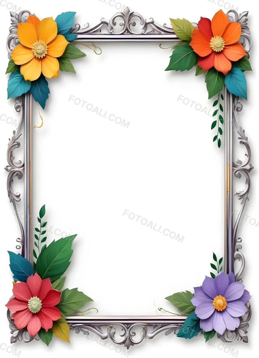 A Decorative Frame With Colorful Paper Flowers In The Corners Including Yellow Orange Red And Purple Blooms With Green Leaves The Frame Has An Ornate Metallic Design 9 4509