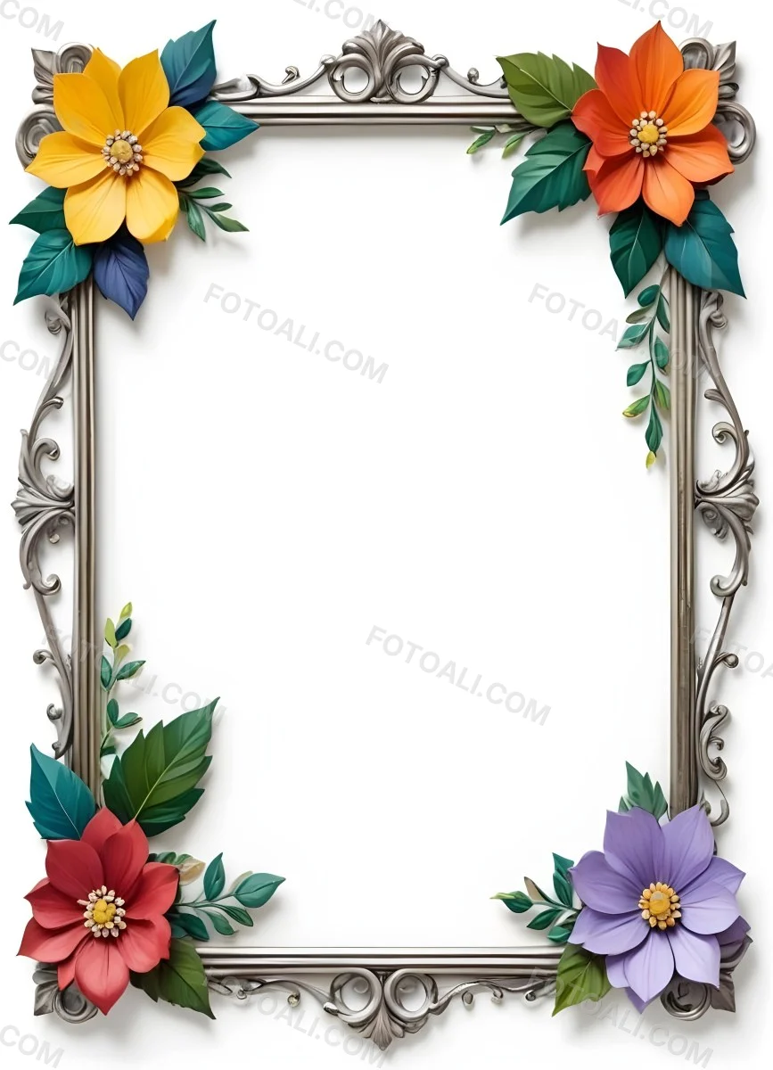 A Decorative Frame With Colorful Paper Flowers In The Corners Including Yellow Orange Red And Purple Blooms With Green Leaves The Frame Has An Ornate Metallic Design 91 0296