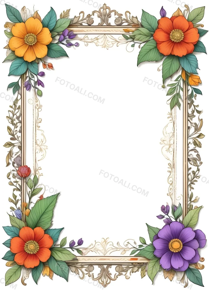 A Decorative Frame With Colorful Paper Flowers In The Corners Including Yellow Orange Red And Purple Blooms With Green Leaves The Frame Has An Ornate Metallic Design 92 Ce08